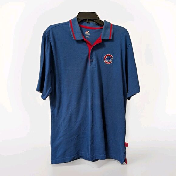 Vintage Majestic Chicago Cubs Polo Shirt Men’s Medium Blue Red Trim MLB Cotton - Picture 1 of 13